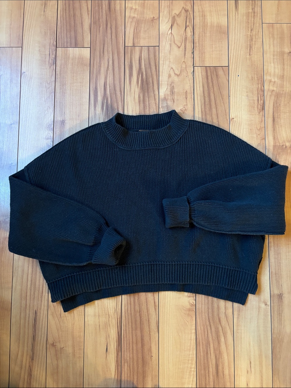 Free People Black Cropped Crewneck Sweater